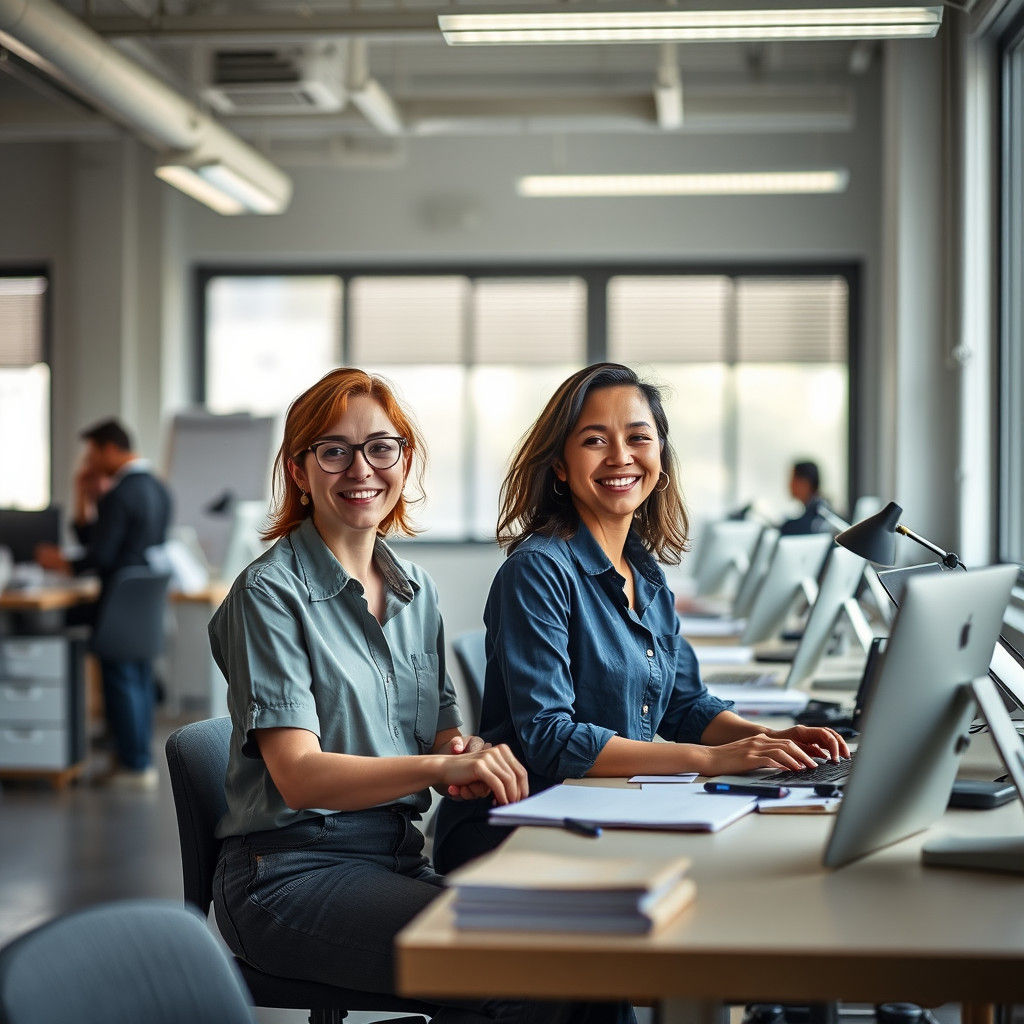 Smiling Professionals Working in Modern Office Photography
