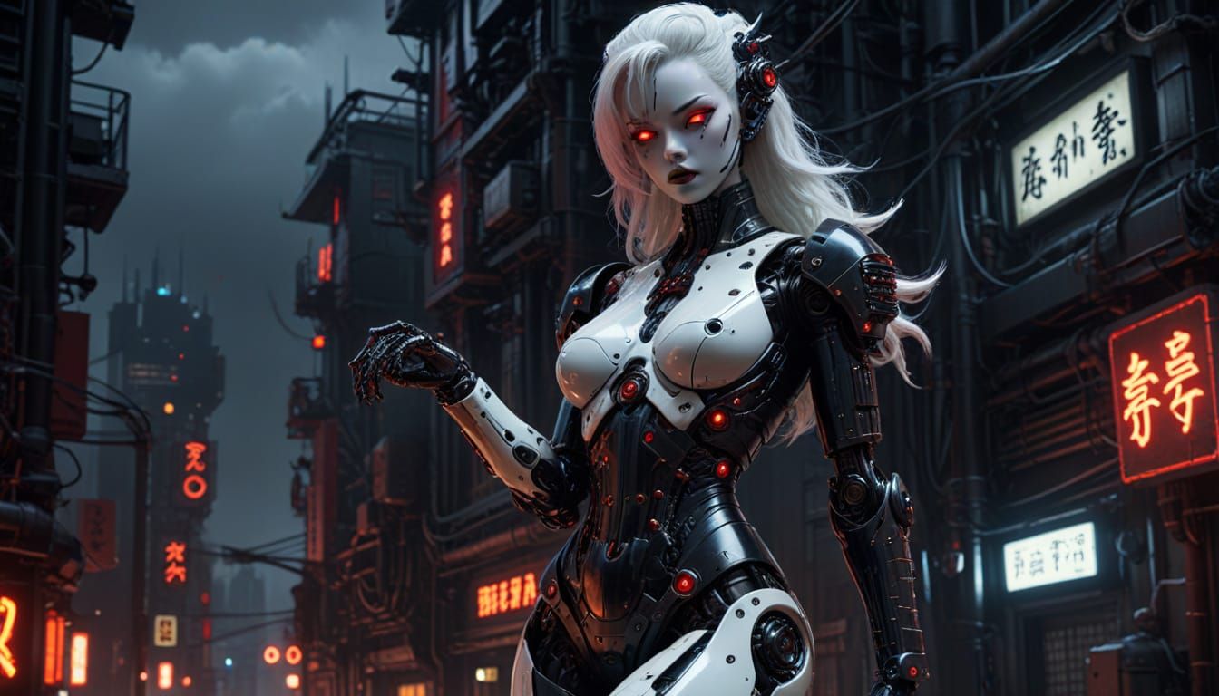 Gothic Gynoid in Cyberpunk Cityscape