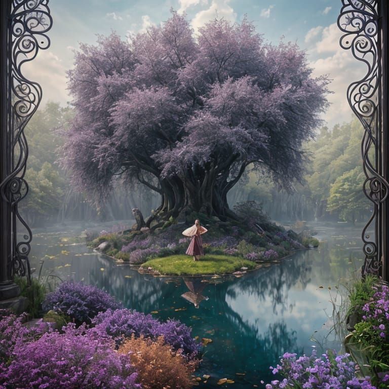 Fantasy Wizard and Fairy in Weeping Willow Forest