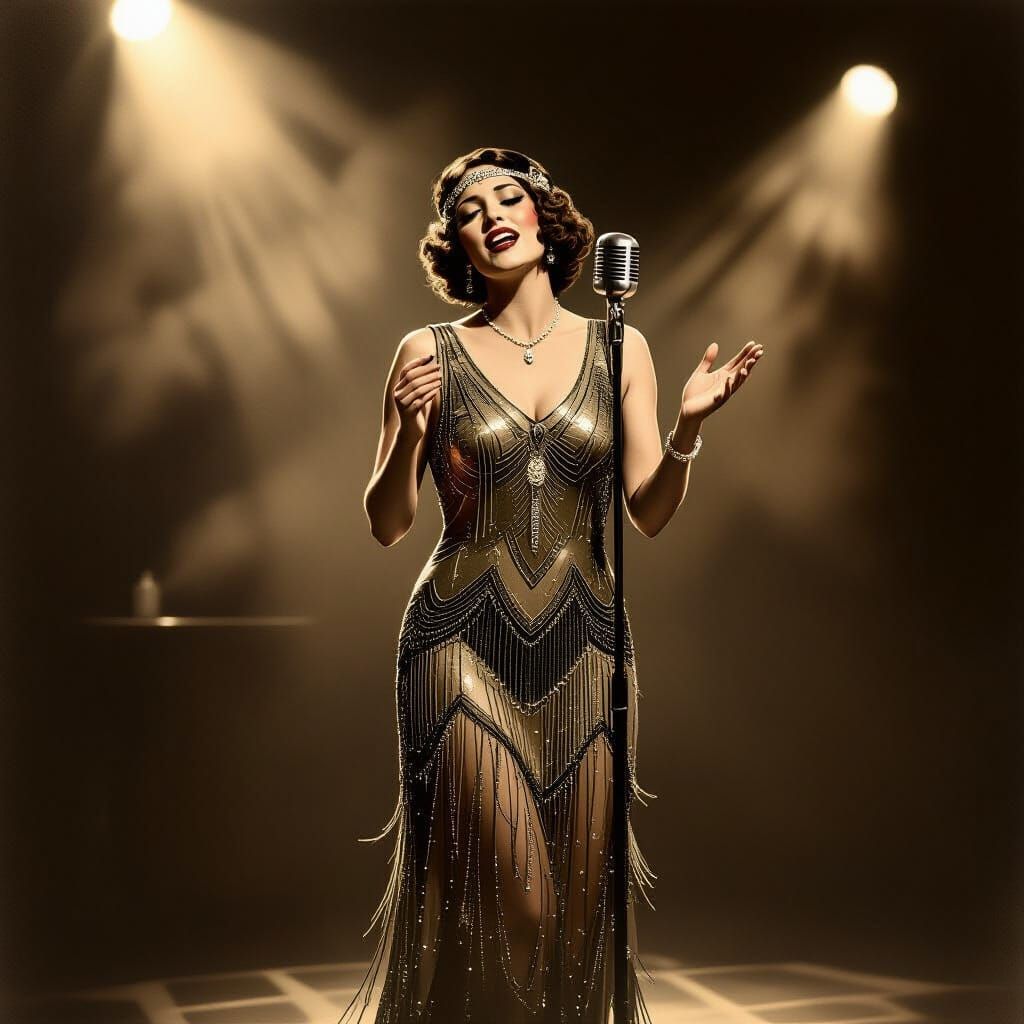 Vintage Jazz Singer on Dimly Lit Stage
