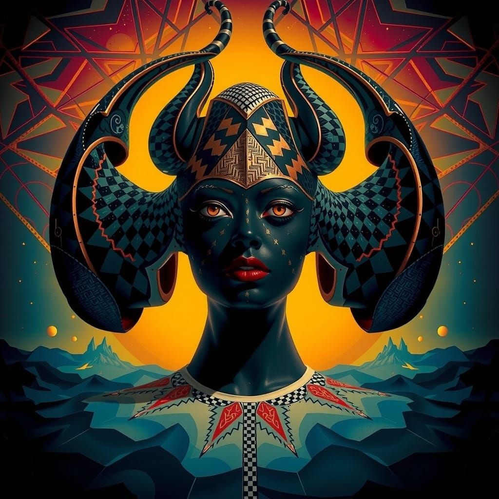 Harlequin Figure in Hypnotic Geometric Maze