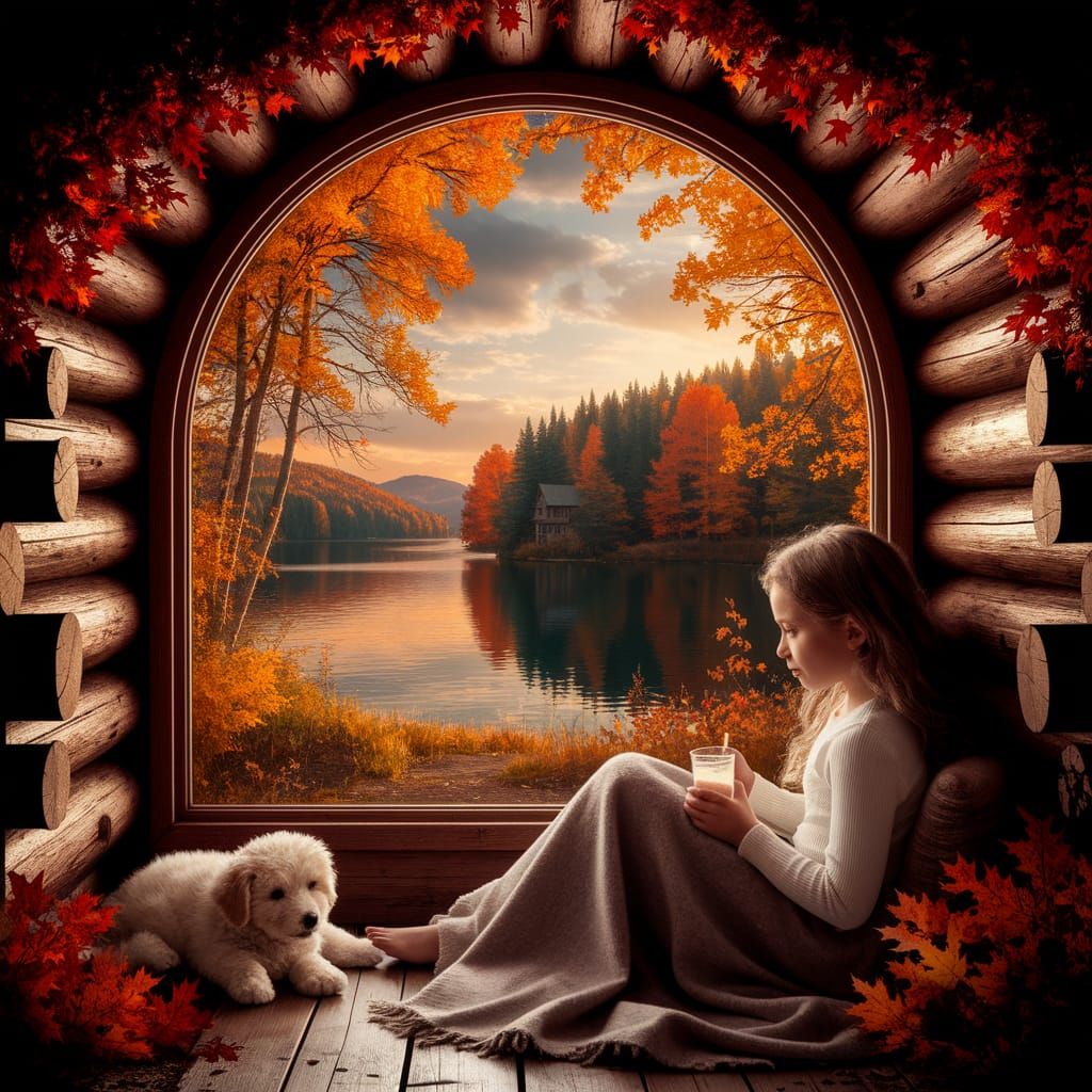 Cozy Cabin Scene: Girl, Puppy, and Autumn Lake