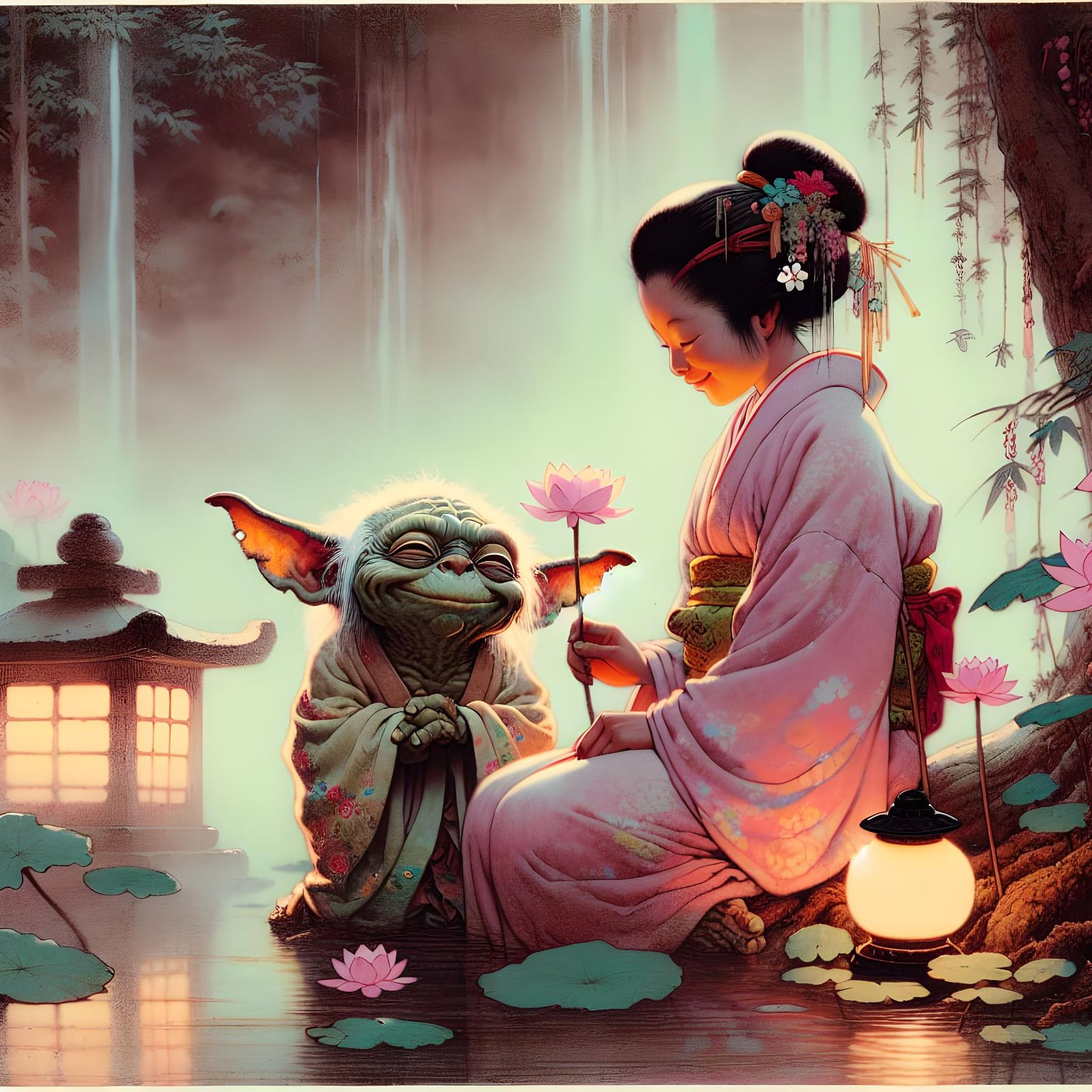 Dreamlike Ukiyo-e Scene with Woman and Gremlin