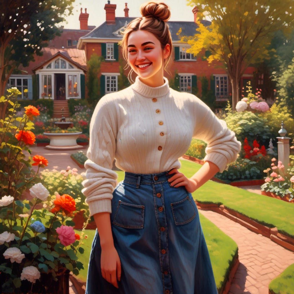 Curvy Woman in Garden: Oil-Guache Portrait