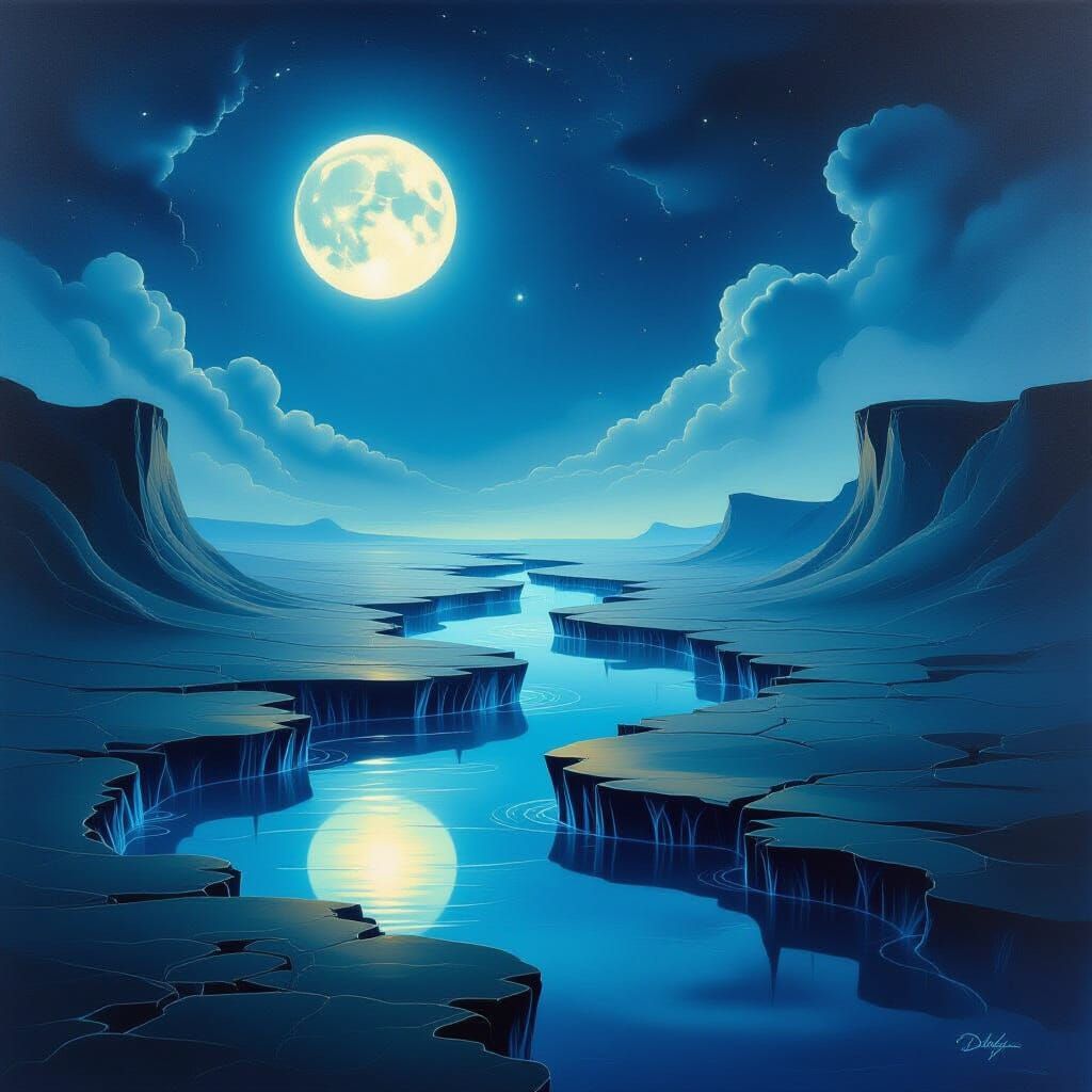 Surreal Moonlight Landscape in Oil Painting Style