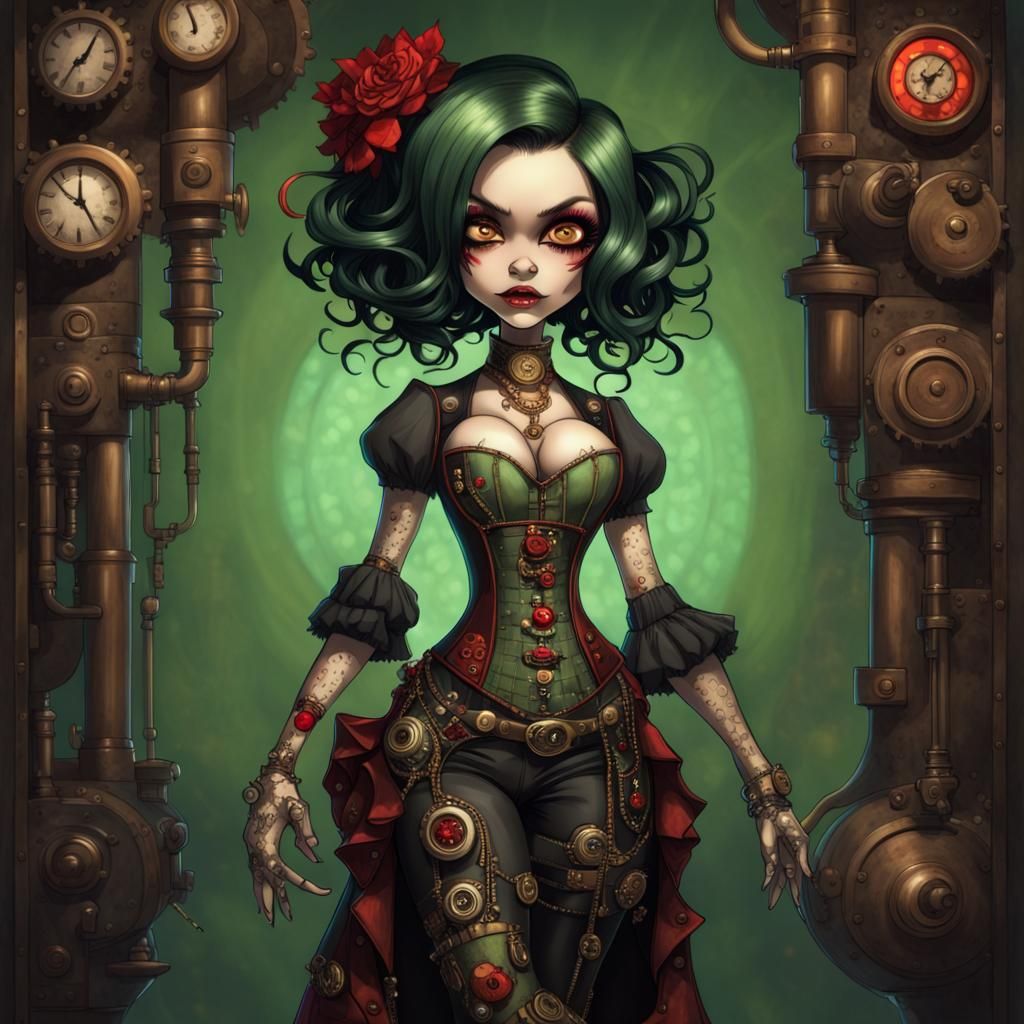 Steampunk Woman Portrait in Grotesque Caricature Style