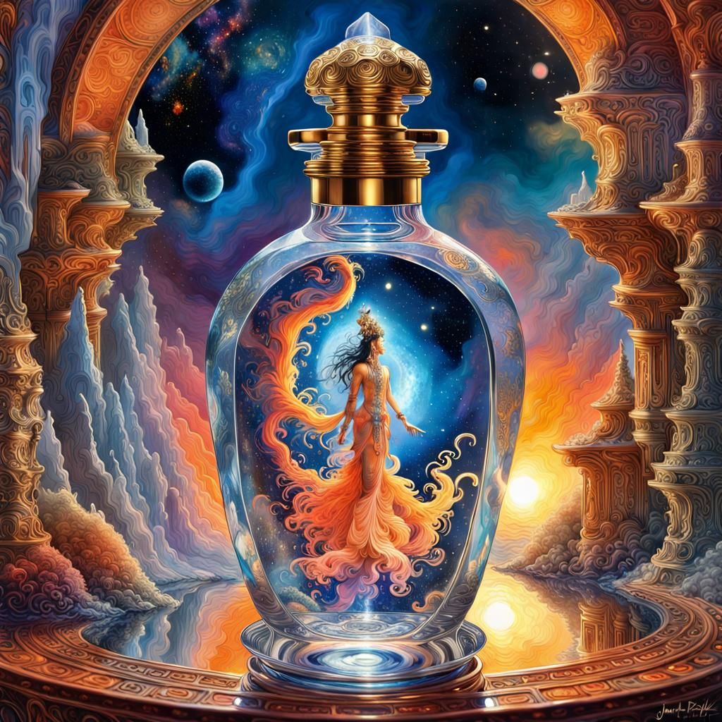 Fire Genie in Perfume Bottle, Digital Art