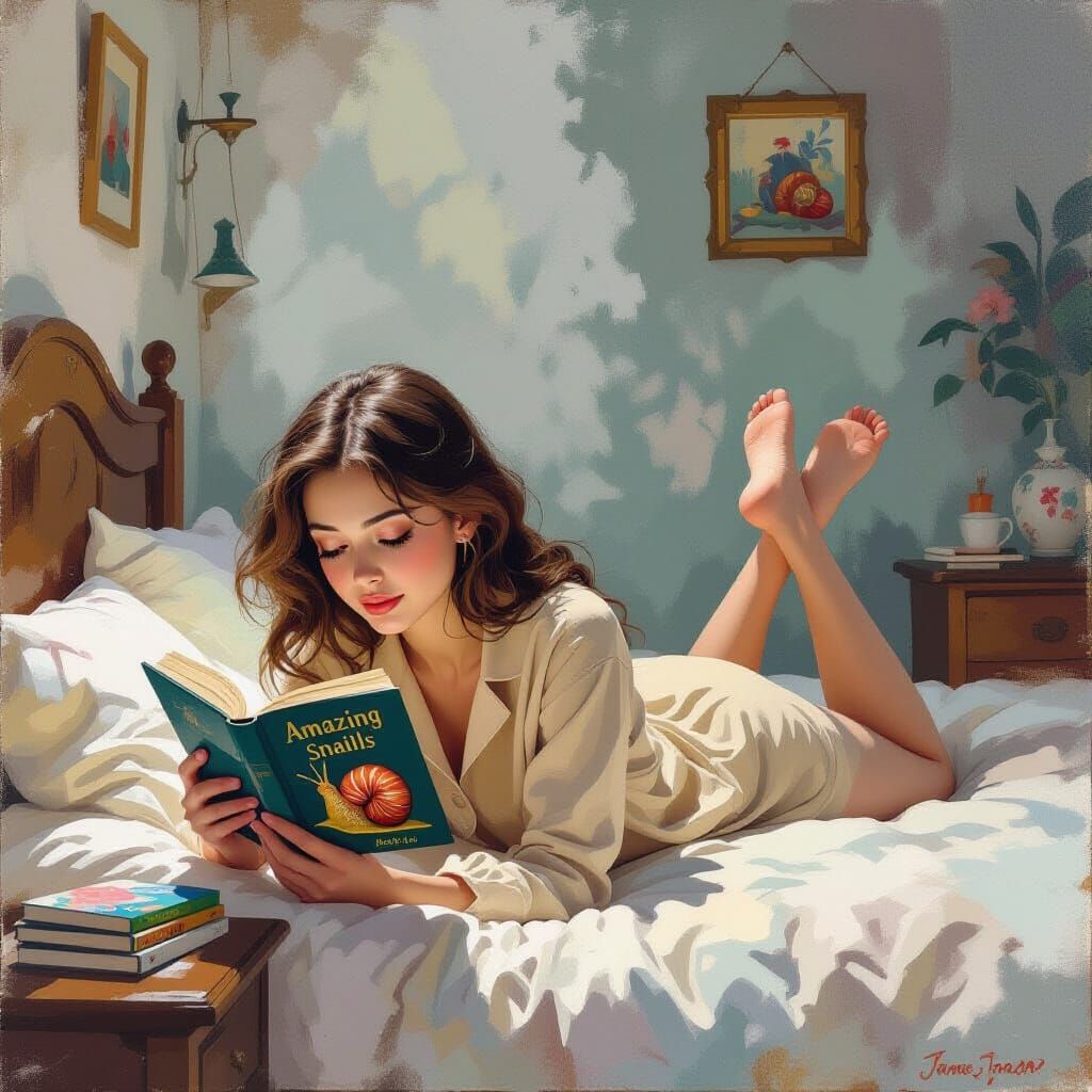 Woman Reading with Snail, Illustrative Brushwork Style