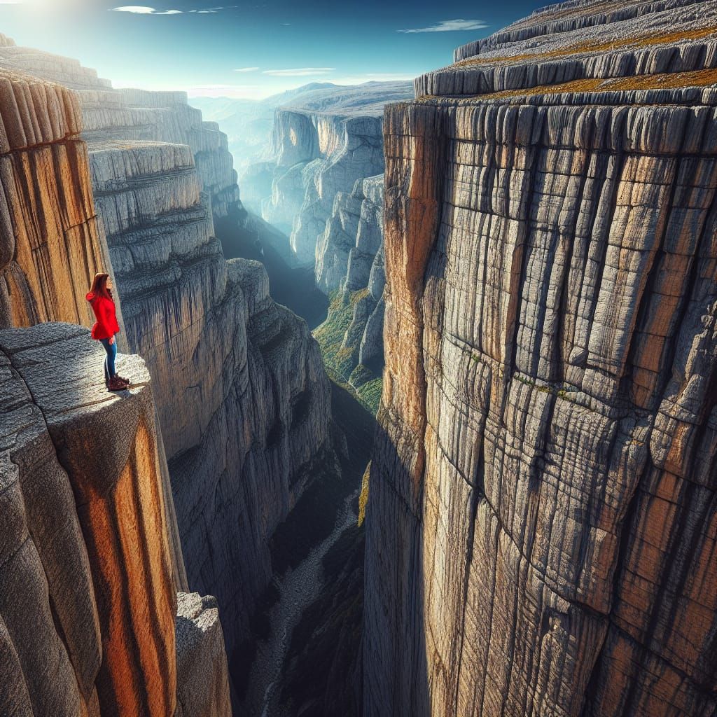 Hiker on Cliffside Path with Canyon View
