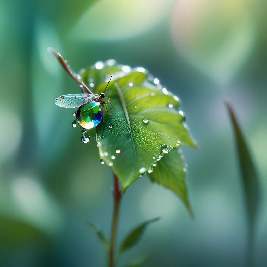 Leaf Dewdrop Reflecting Miniature Fairy in Morning Light
