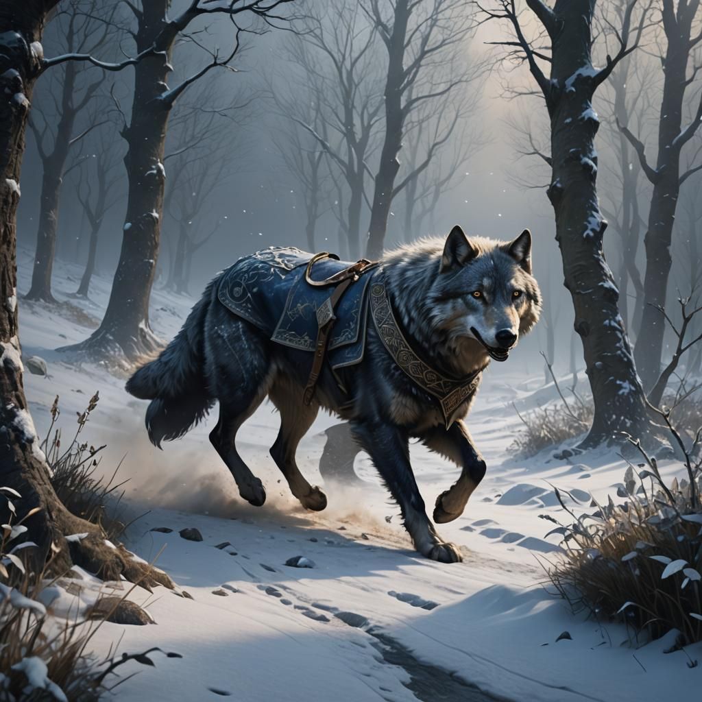 Medieval Runner with Shadow Wolf in Snowy Valley