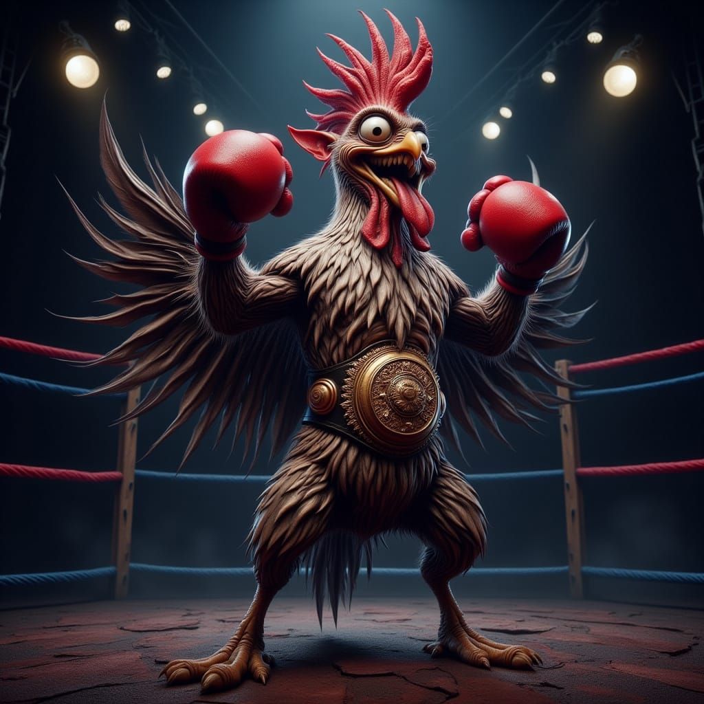 Victorious Rooster Boxer in a Smoky Arena