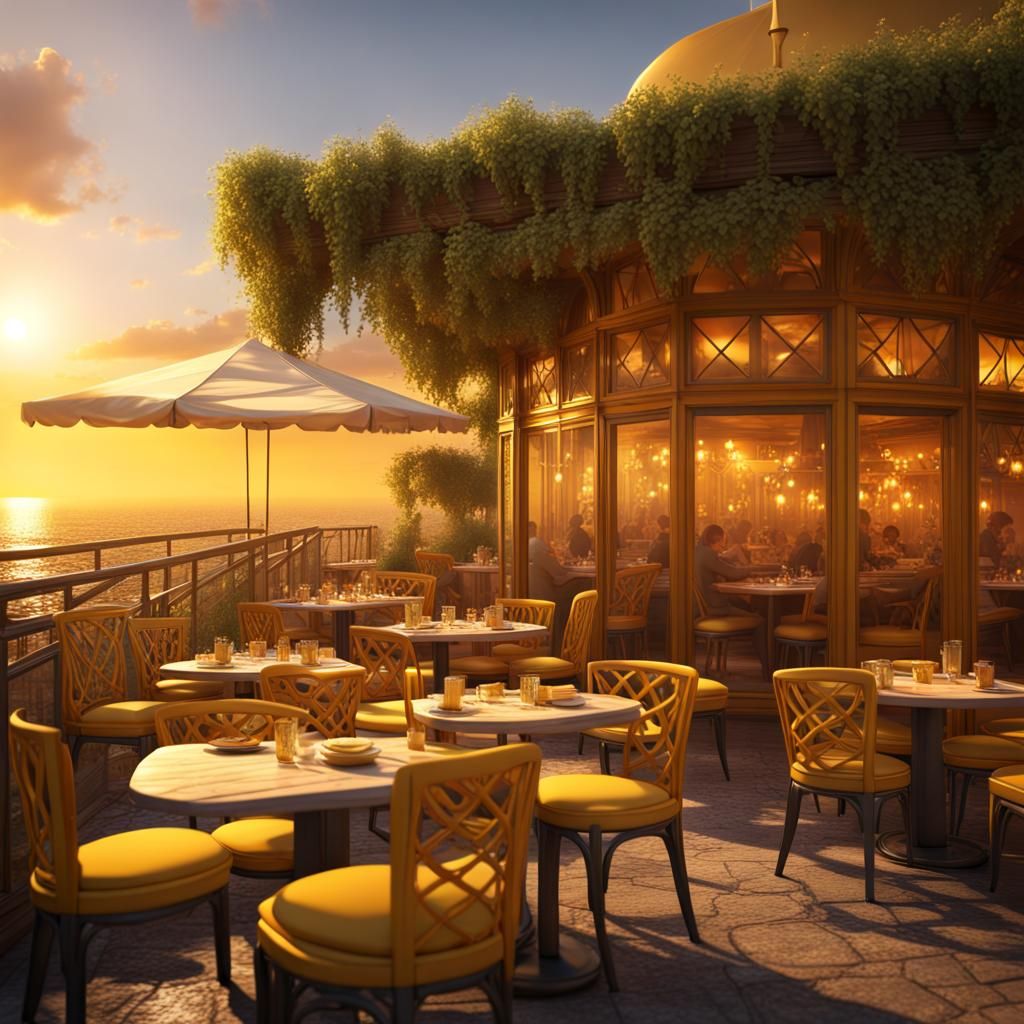 Vivid Yellow Sunset Illuminates Outdoor Restaurant