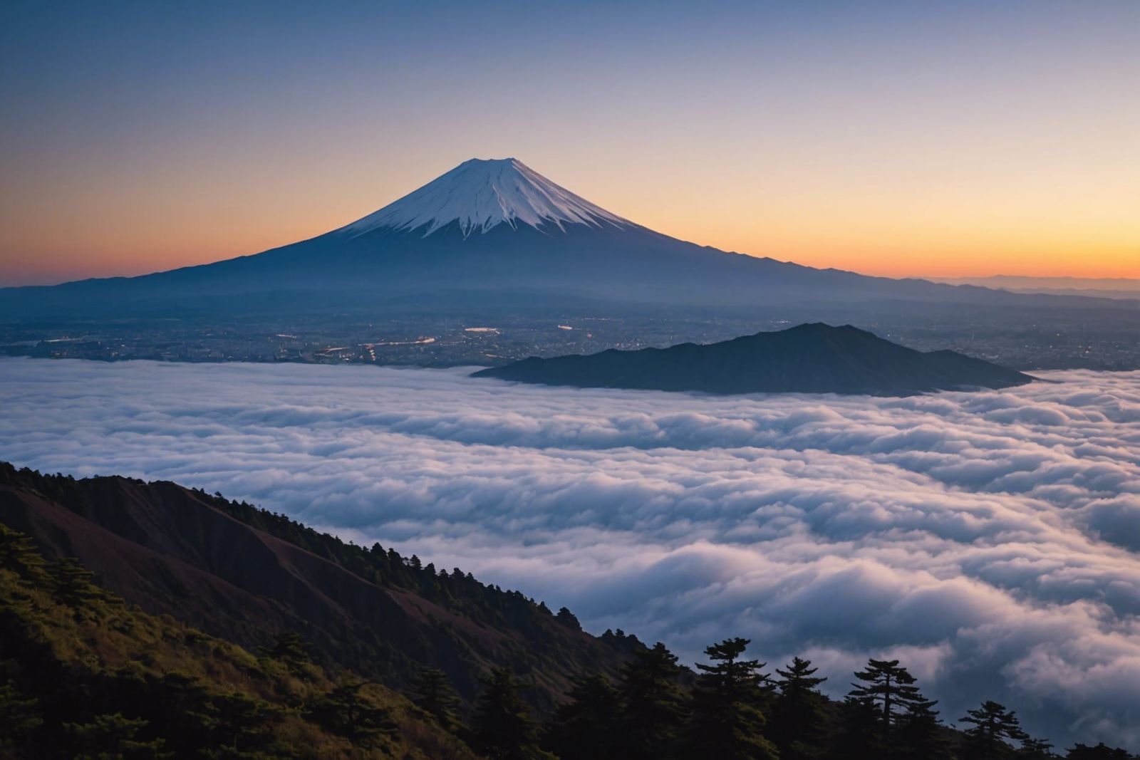 Mount Fuji at Dusk with Cascading Light