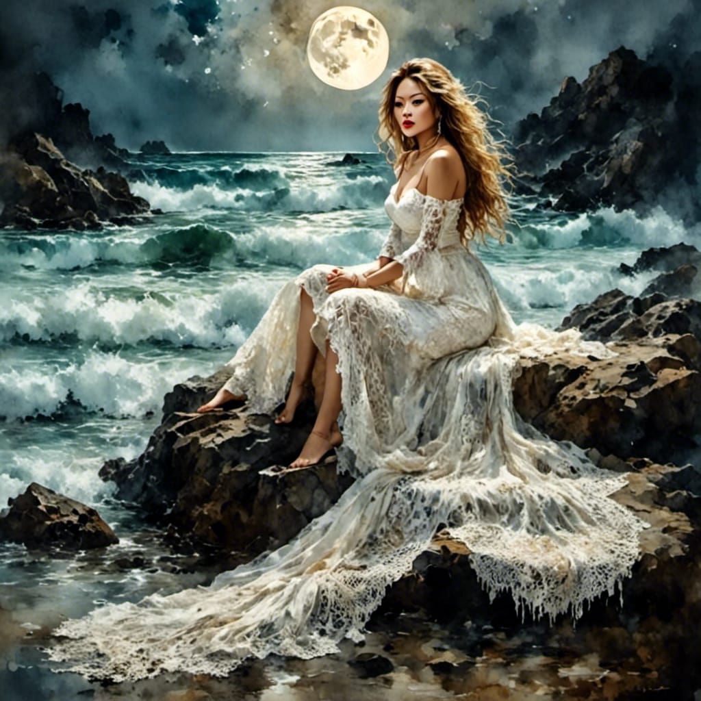 Woman on Rock at Dusk in Antique Watercolor Style