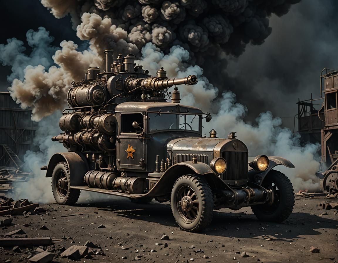 Post - apocalyptic scale car on black background with smoke, dieselpunk, steampun engine, retrofuturistic car, robust ar...