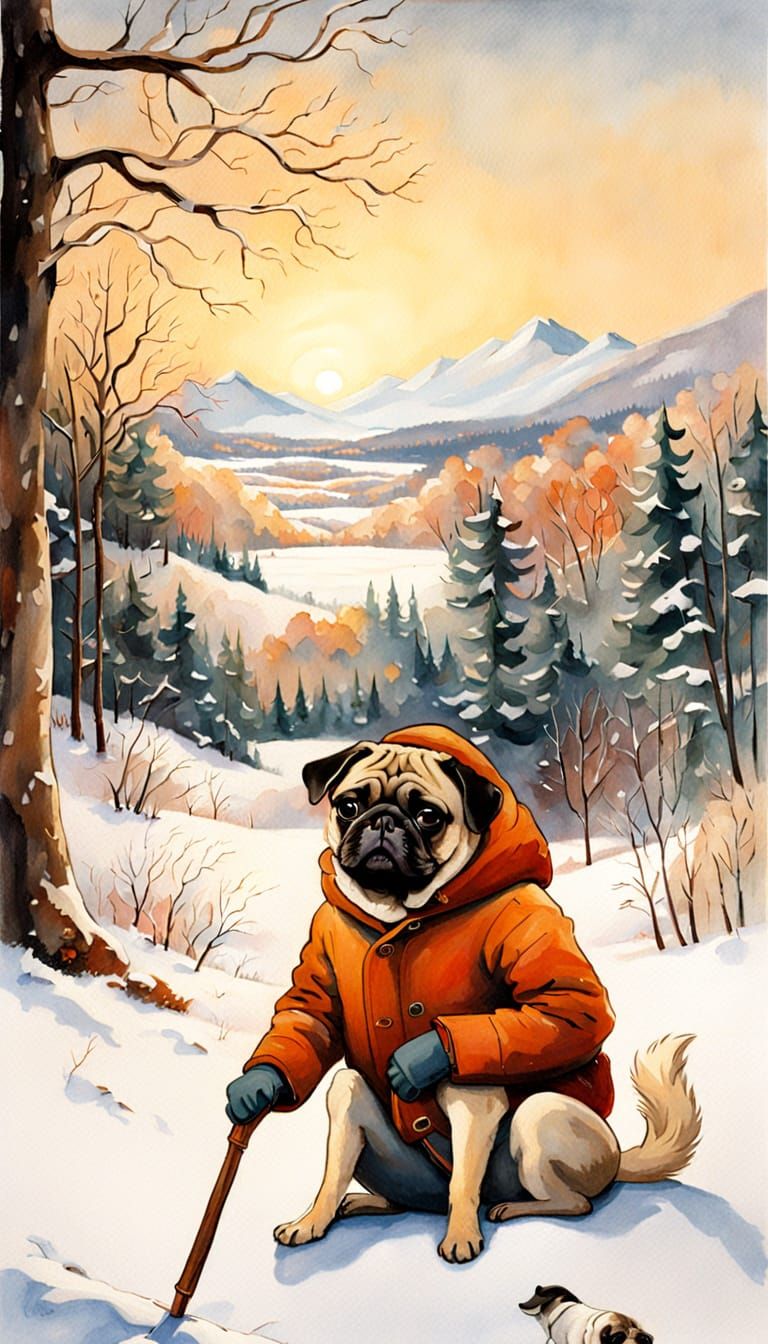 Whimsical Winter Pug in Cozy Campsite