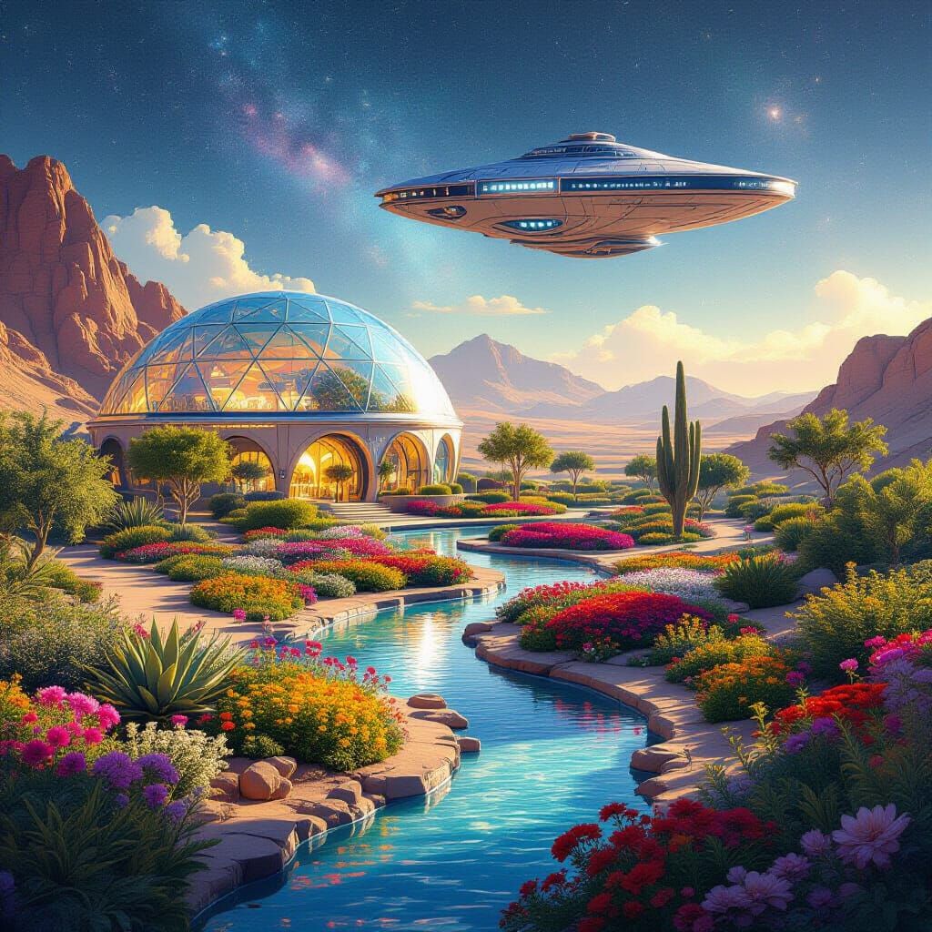 Vibrant Desert Habitat with Exotic Flowers in Holographic St...