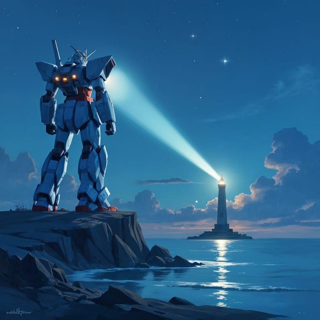 Solitary Sci-Fi Mecha Gazes at Starry Sky Over Ocean