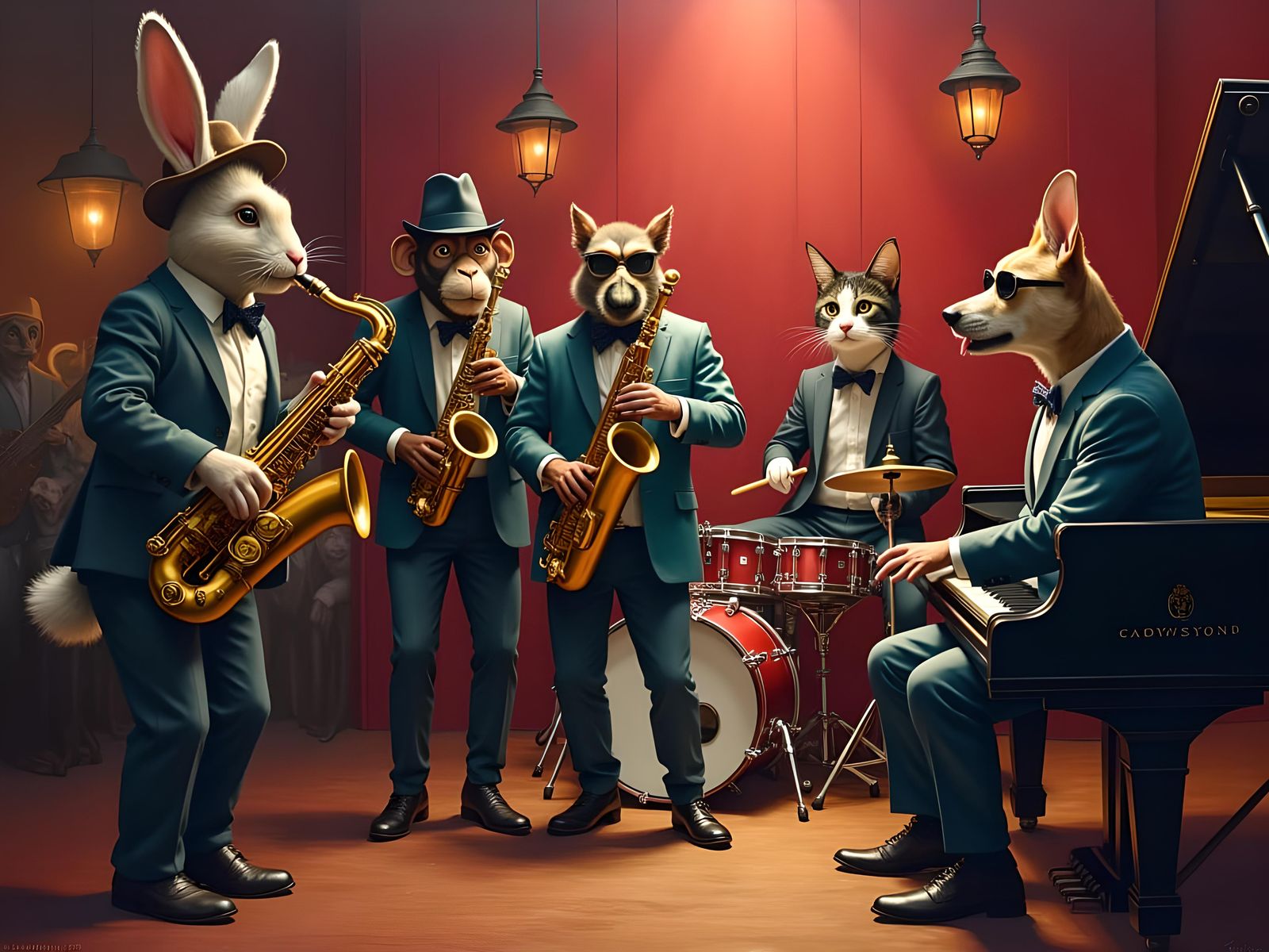 Animal Jazz Band in Nightclub, Oil Painting