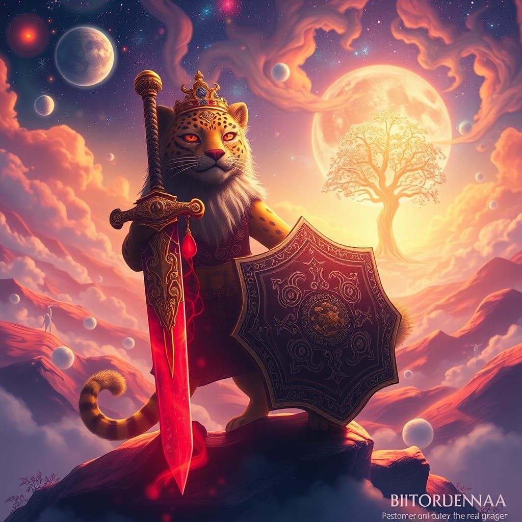 Regal Leopard King in Ethereal Celestial Landscape