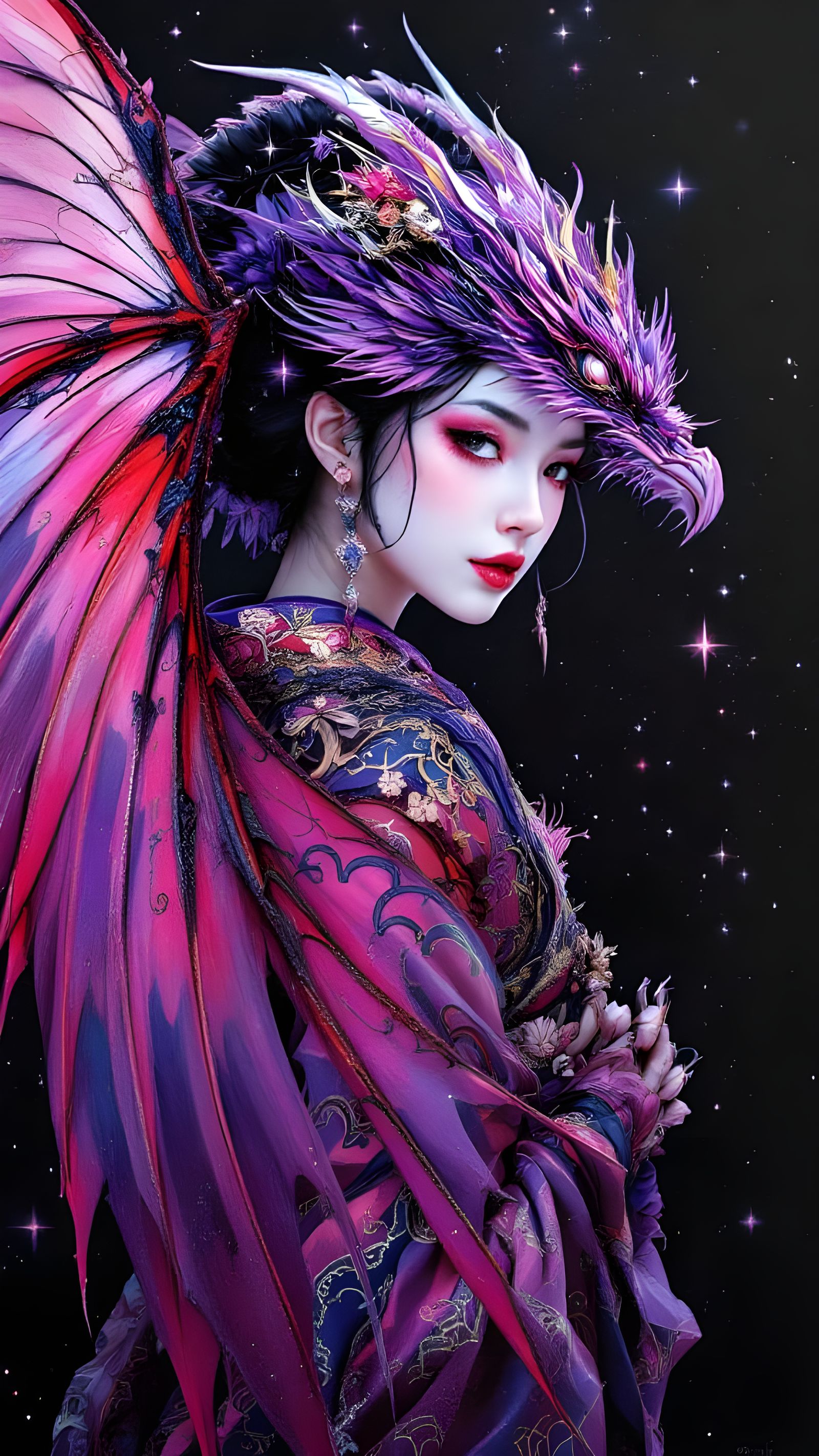 Japanese Woman as Bird-Dragonfly in Airbrushed Oil Painting
