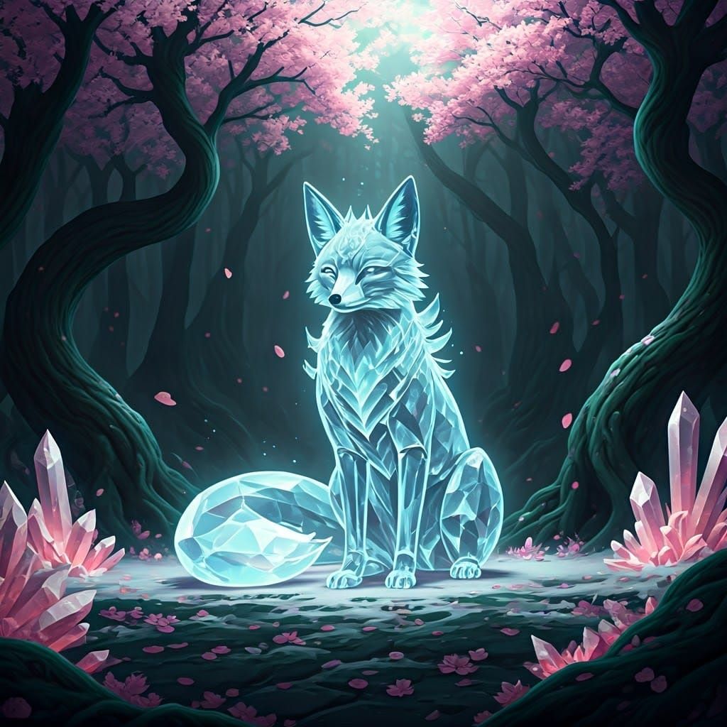 Ethereal Crystal Fox in Moonlit Forest