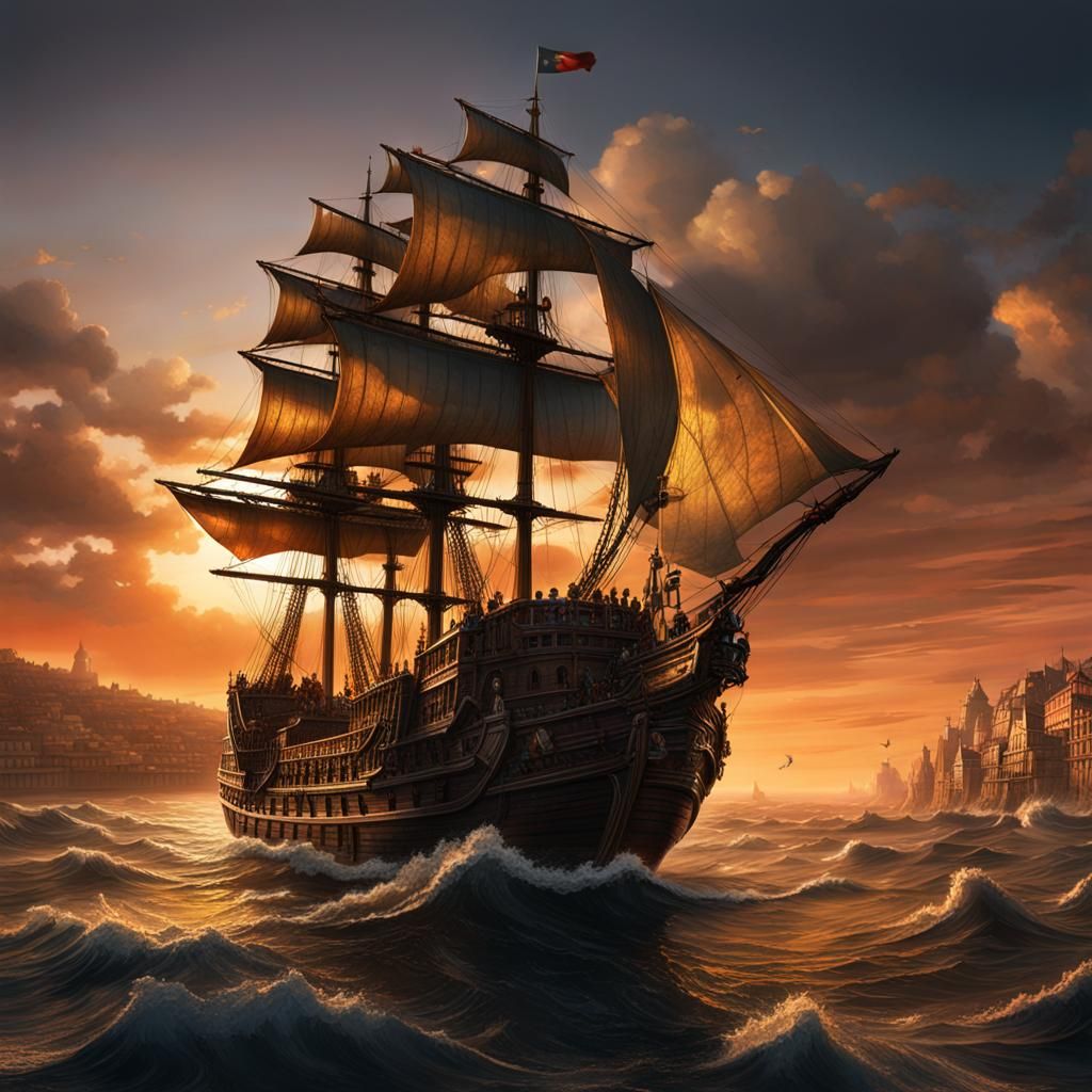 Caravela portuguesa enorme navegando no por do sol descobrindo continentes imigrantes chegando em porto paradisíaco