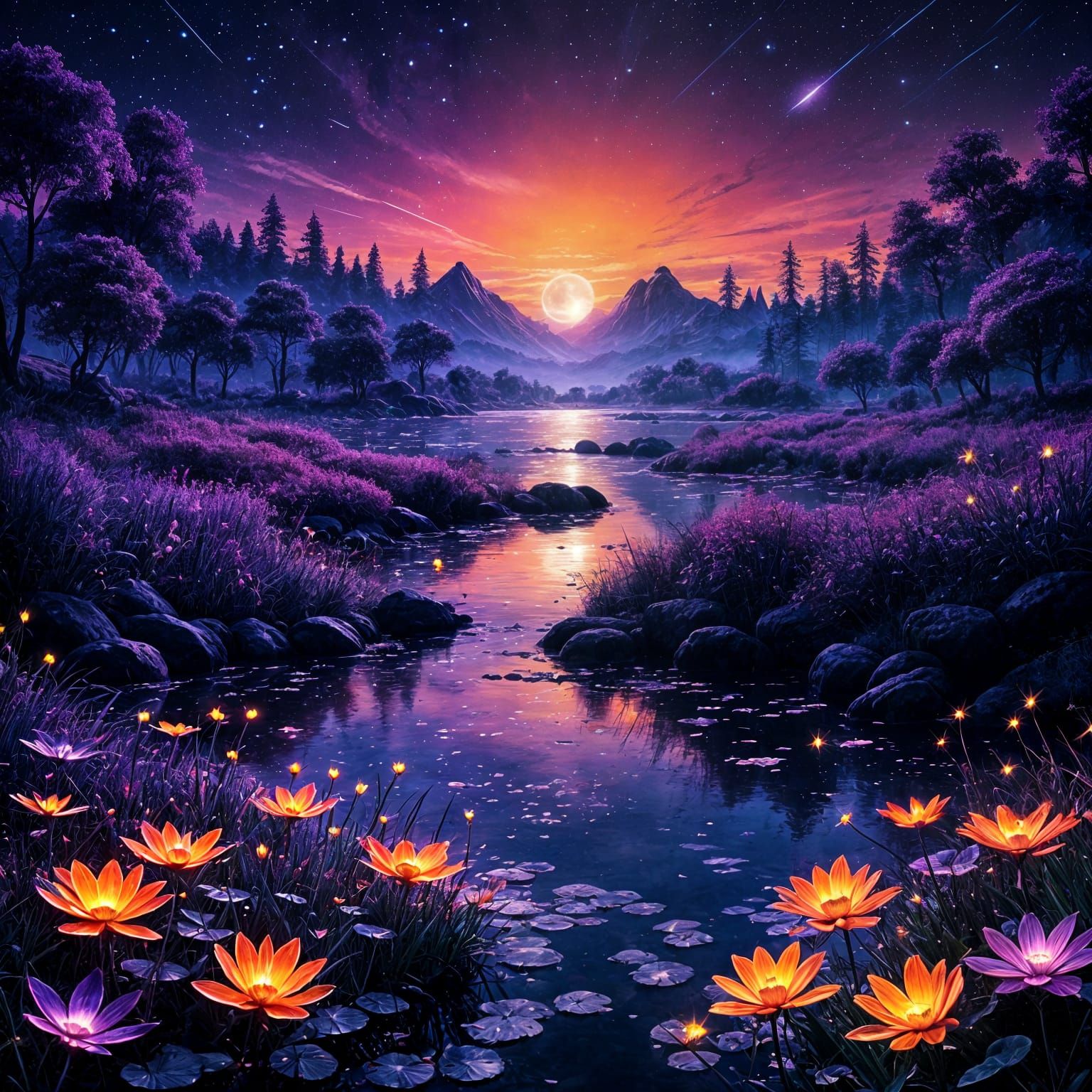 Magical Neon Sunset with Stars and Fireflies