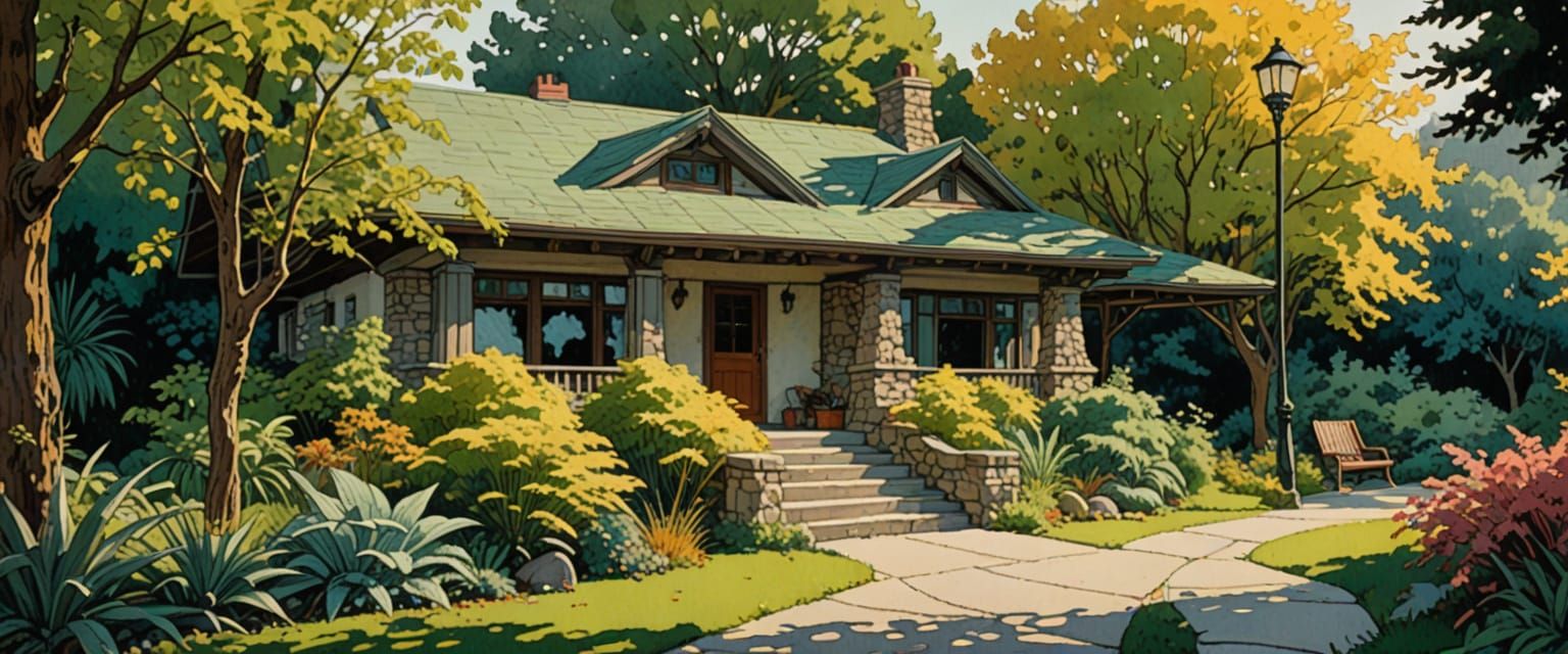 Mid-Century Home in Comic Book Style Watercolor
