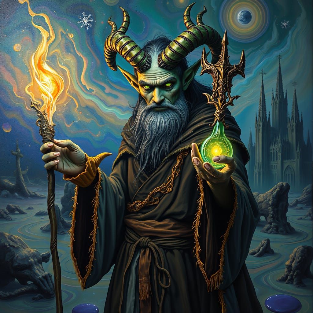 Dark Elf Wizard in Surreal Dreamscape