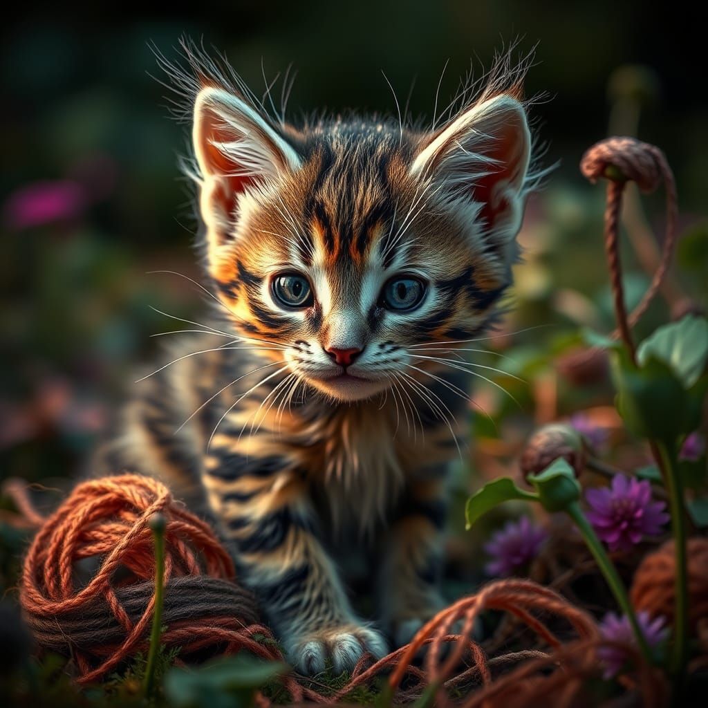Hyperrealistic Yarn Kitten in Moody Garden Setting