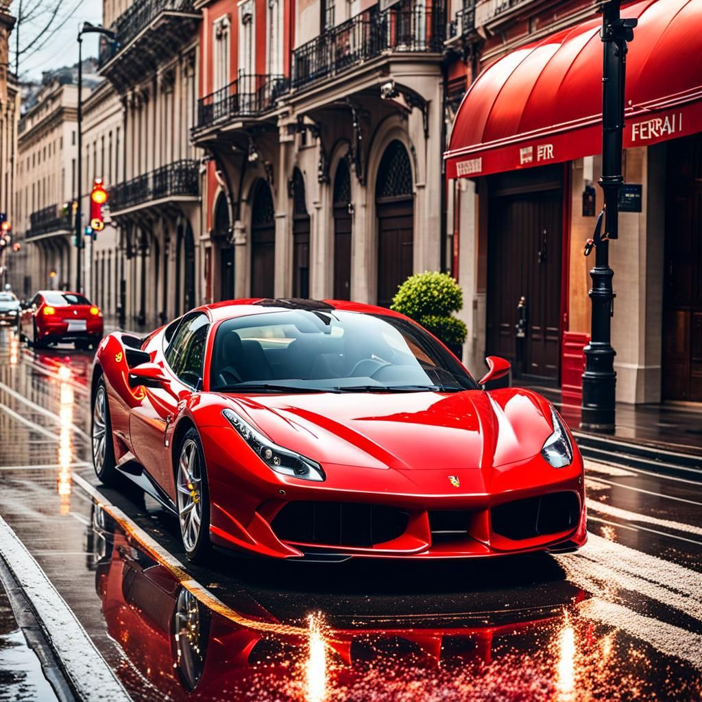 Red Ferrari Races Through the Rain