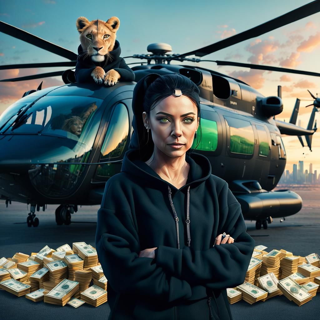 Woman with Lion Hoodie and Helicopter, Digital Art