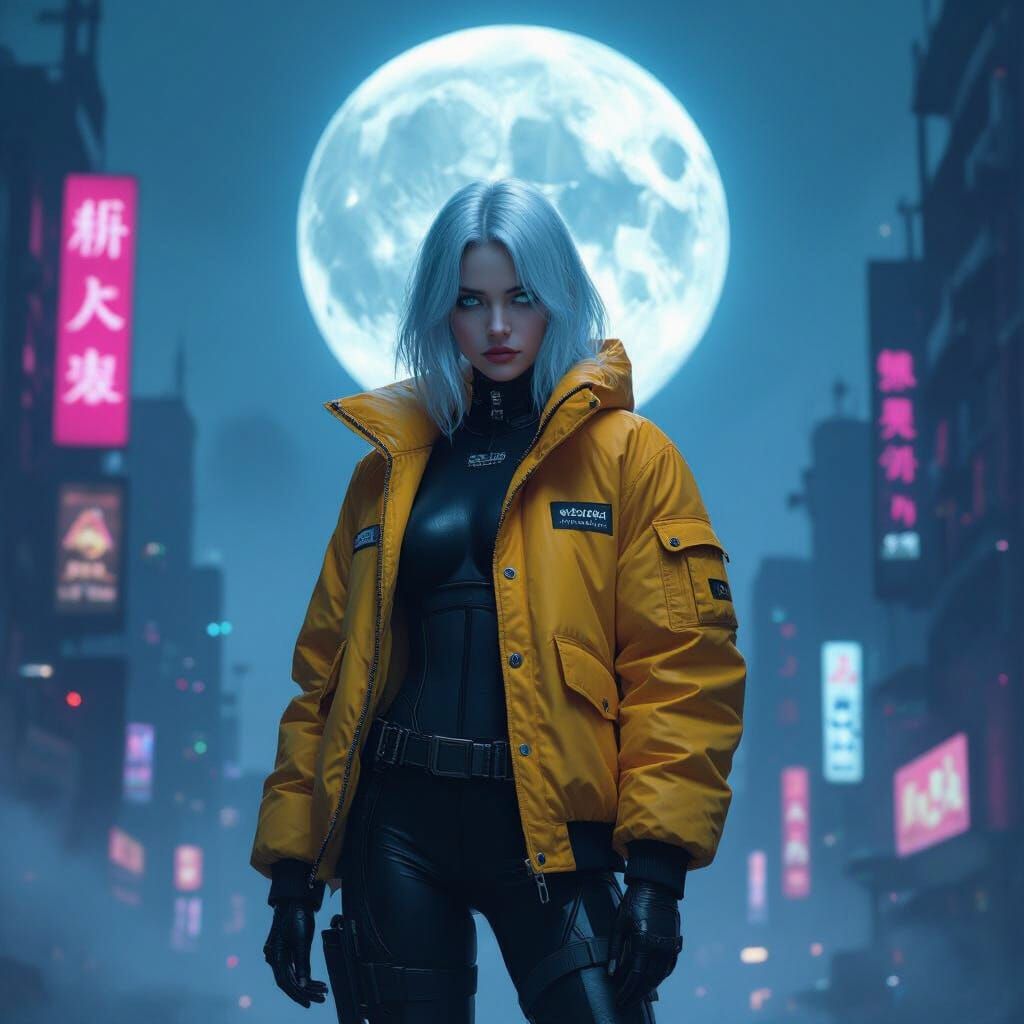Lucy in Cyberpunk Cityscape with Glowing Moon