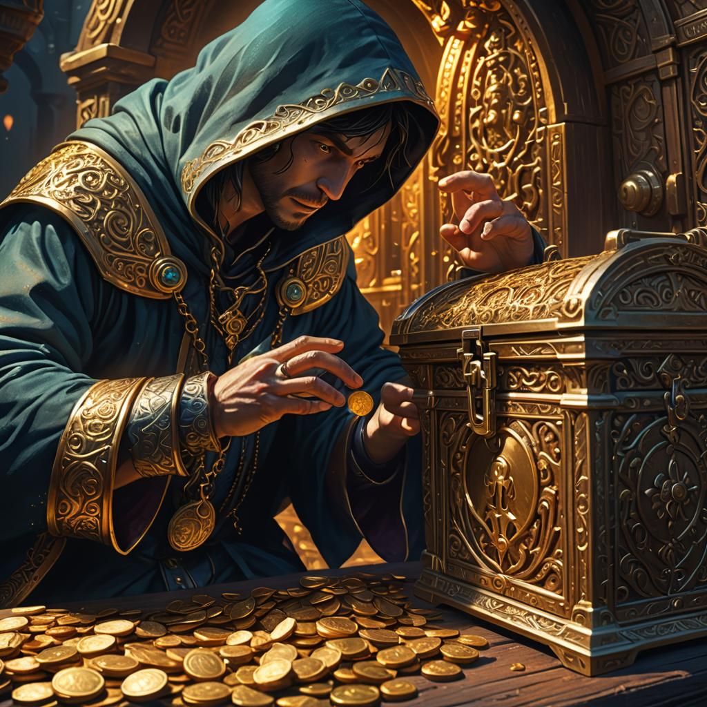 Hooded Figure Reaching for Glowing Treasure Chest