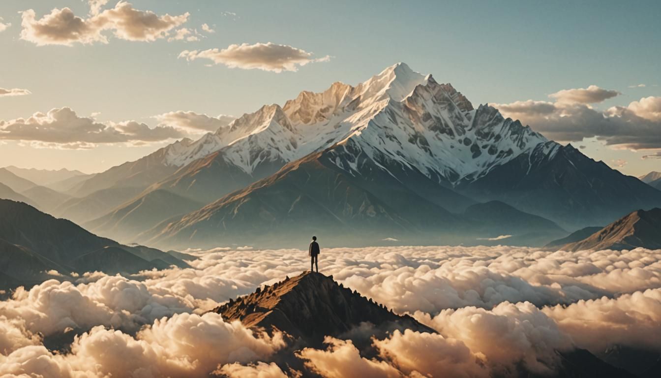 Surreal Person Floating Above Mountains in Dreamscape