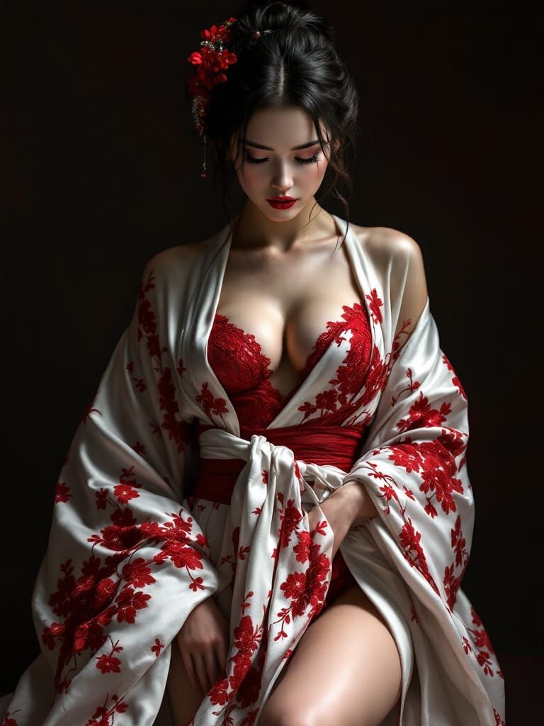 Japanese Goddess in Silk Kimono with Crimson Bustier