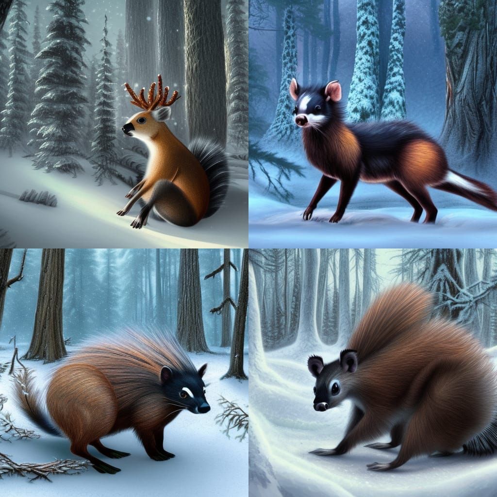 Skunk Deer Hybrid in a snowy forest, detailed matte painting, deep color, fantastical, intricate detail, complementary c...