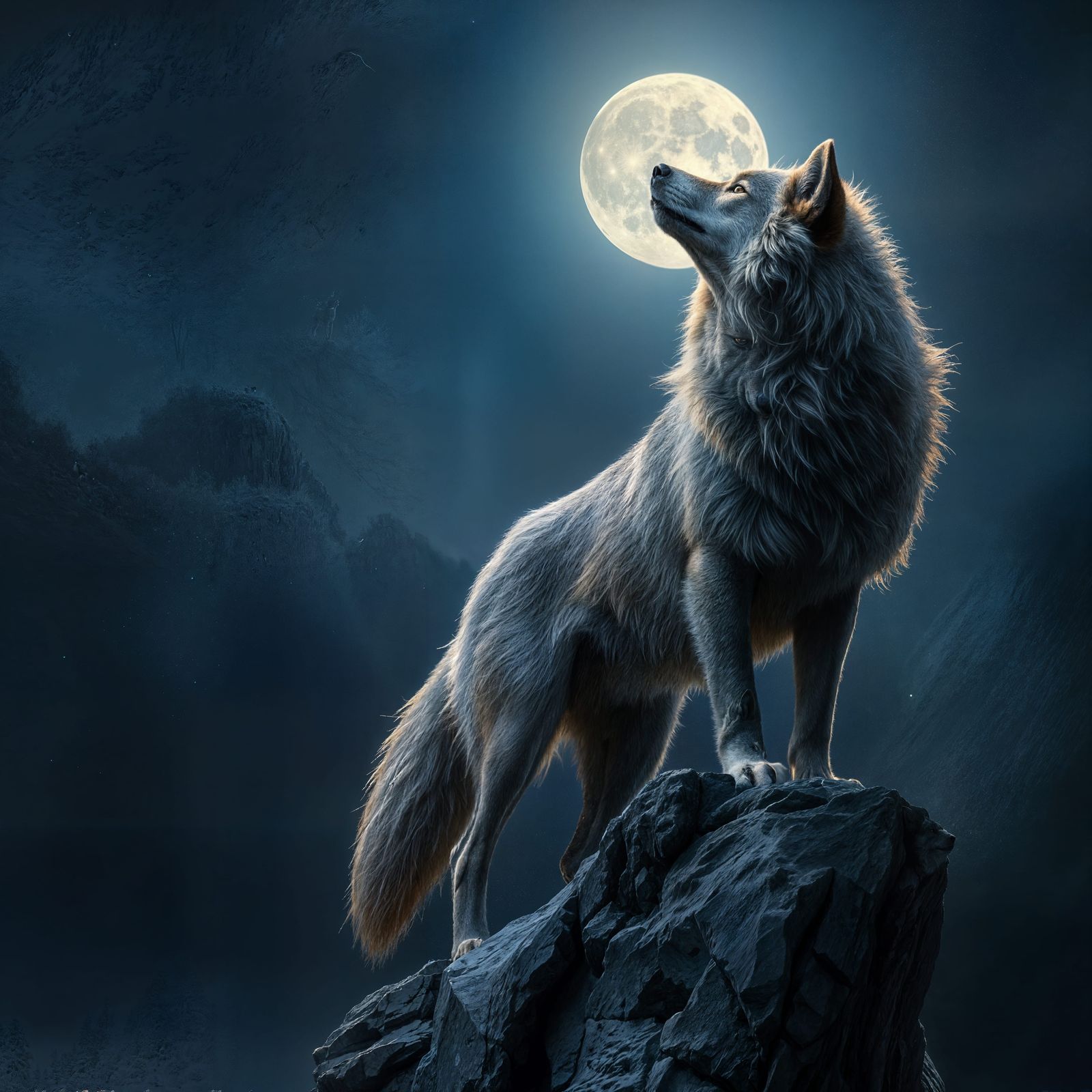 Majestic Wolf on Cliffside Under Moonlight