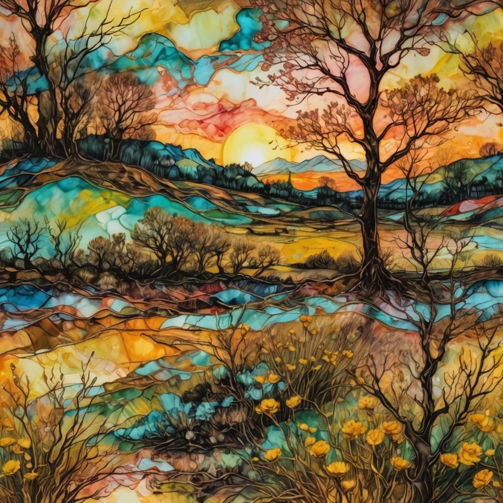 Encaustic Spring Landscape in Van Gogh Style