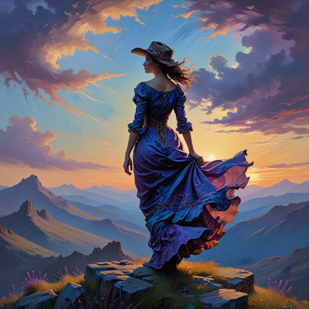 Cowgirl Silhouette in Mountain Twilight, Impressionistic Oil...