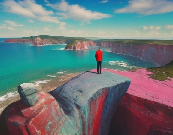 Surrealist Man on Cliff with Melting Clock