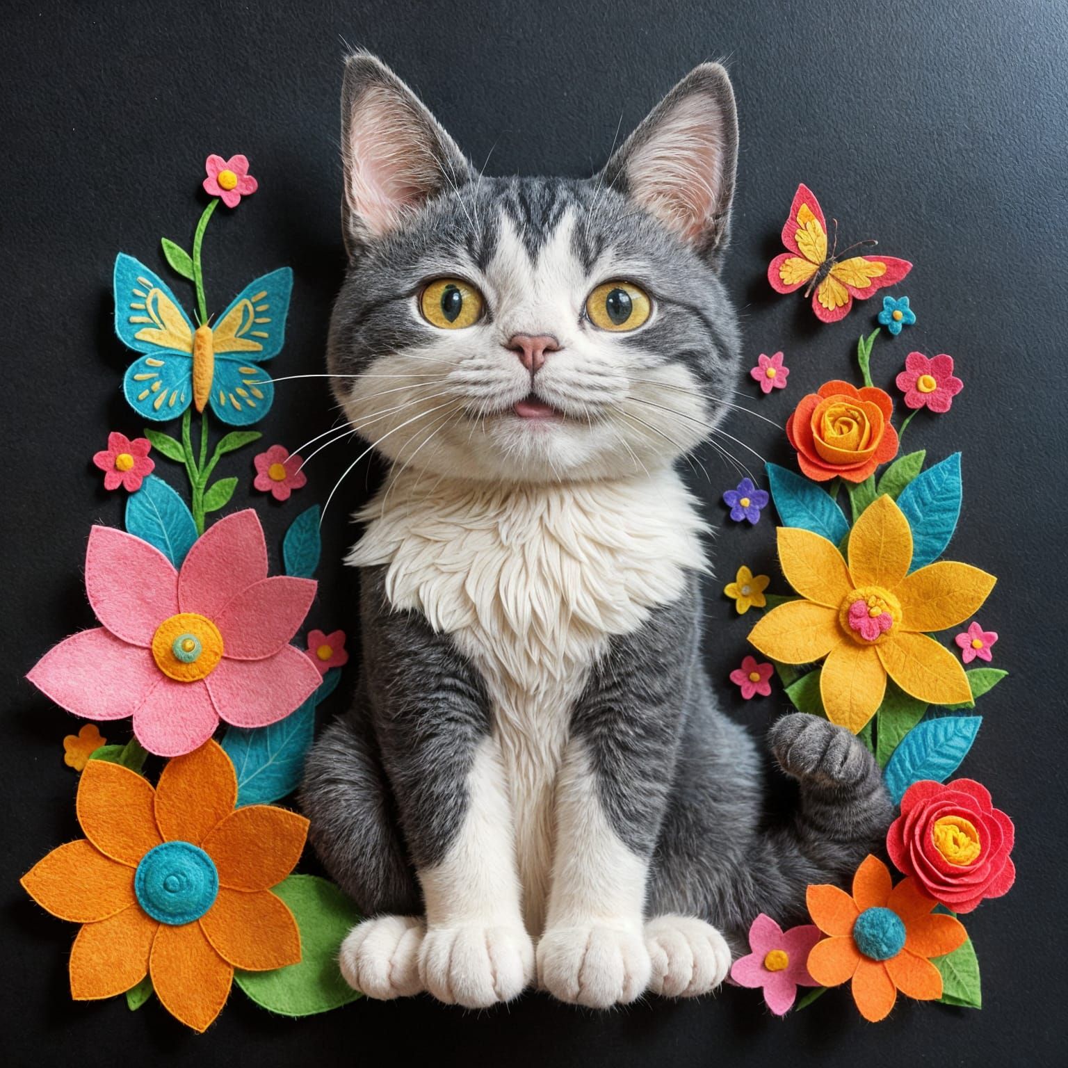 A smiling cat made from layered felt sheets, sitting among b...