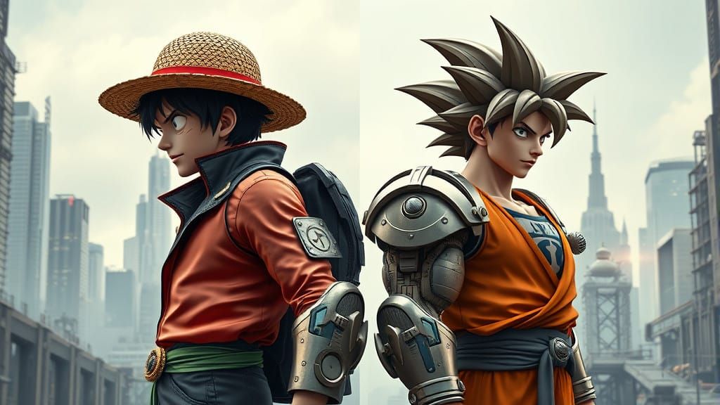 Cyberpunk Warriors Unite: Luffy and Goku in High-Tech Steel