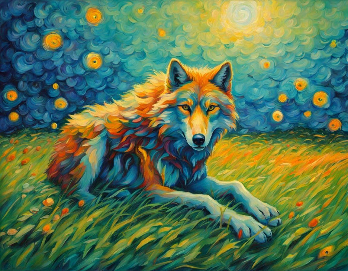 Fantastical Blue Wolf Painting in Neo-Impressionist Style