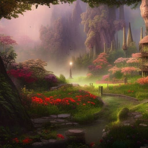 Blooming Gardens in Forest Village: Detailed Matte Painting