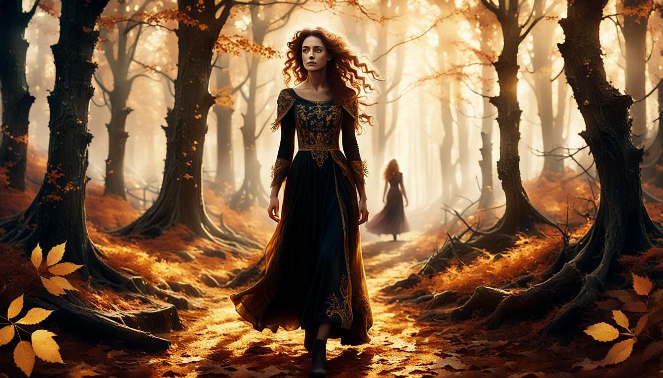 Mystical Autumn Woodland Scene in Dark Academia Style