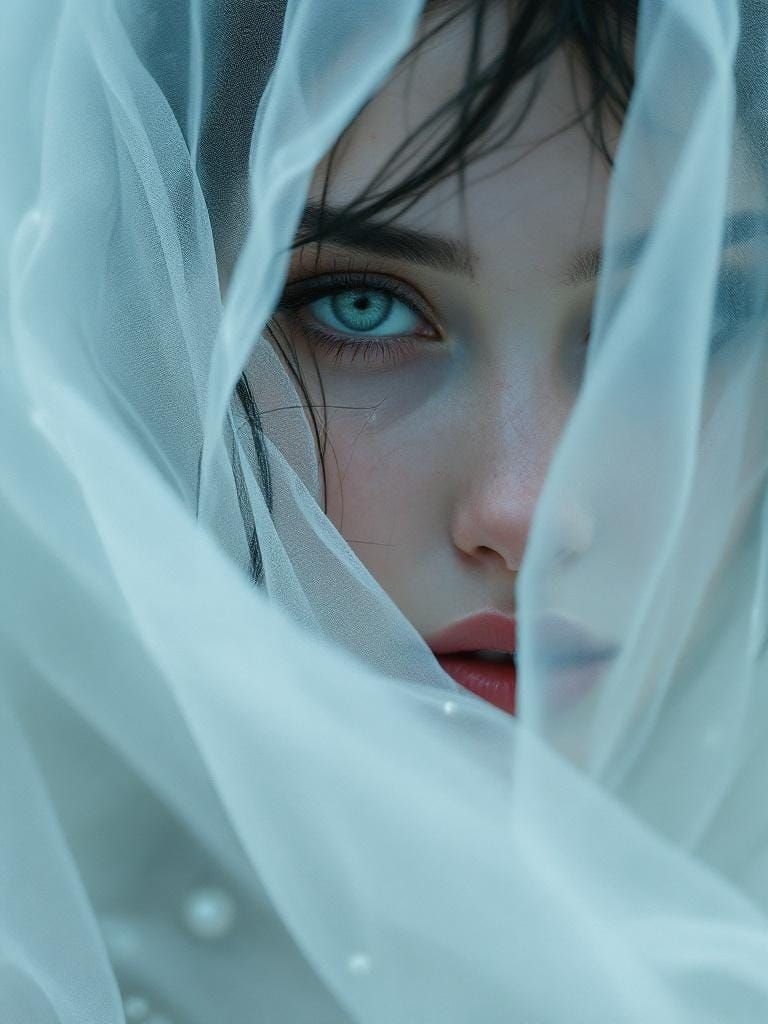 Misty-Eyed Girl Veiled in White Tulle