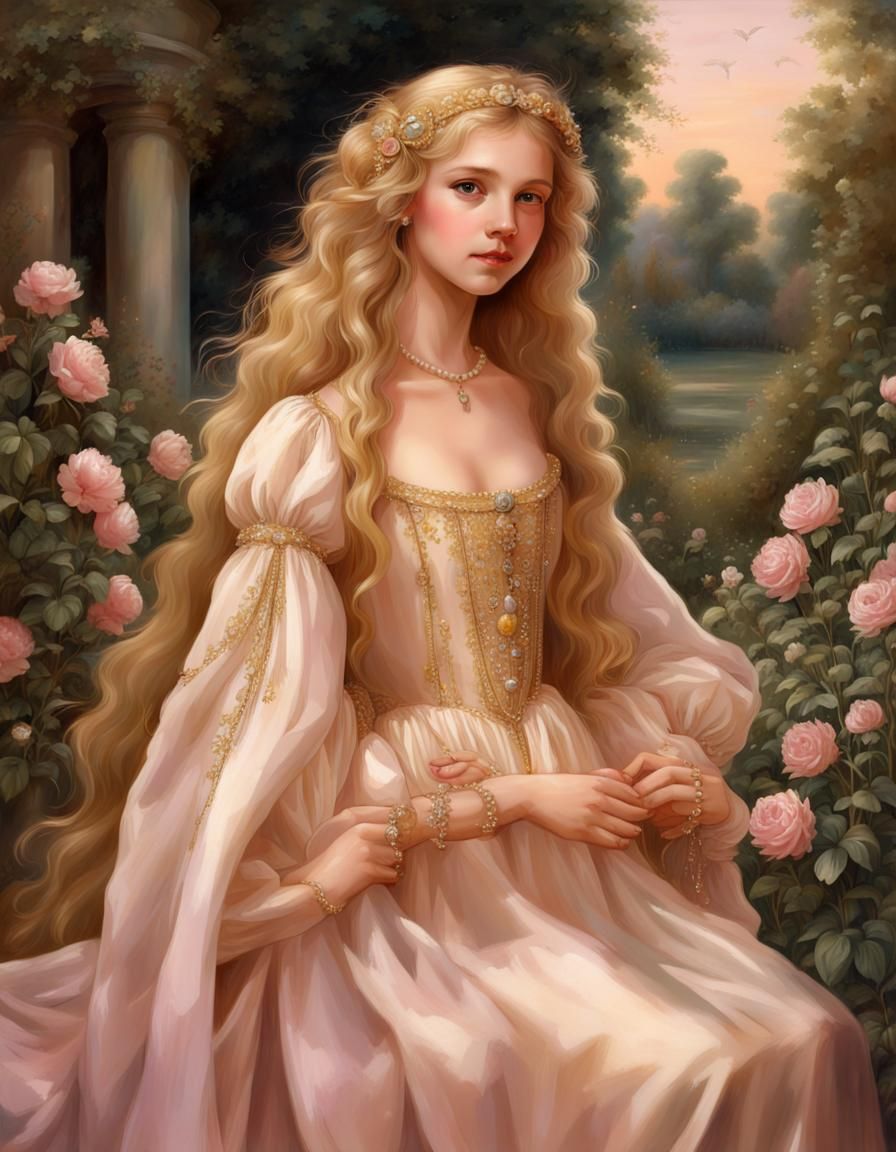 Renaissance Girl with Golden Hair in Garden